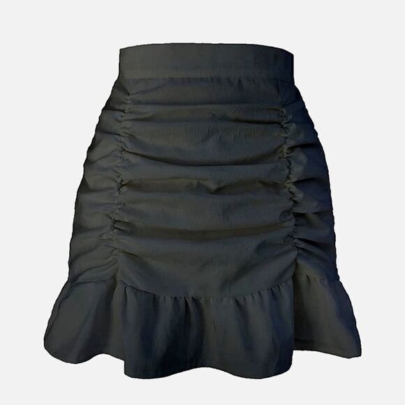 NWT Women's Ruched Front Ruffle Trim High Waist Fishtail Mini Short Skirt - Picture 5 of 7